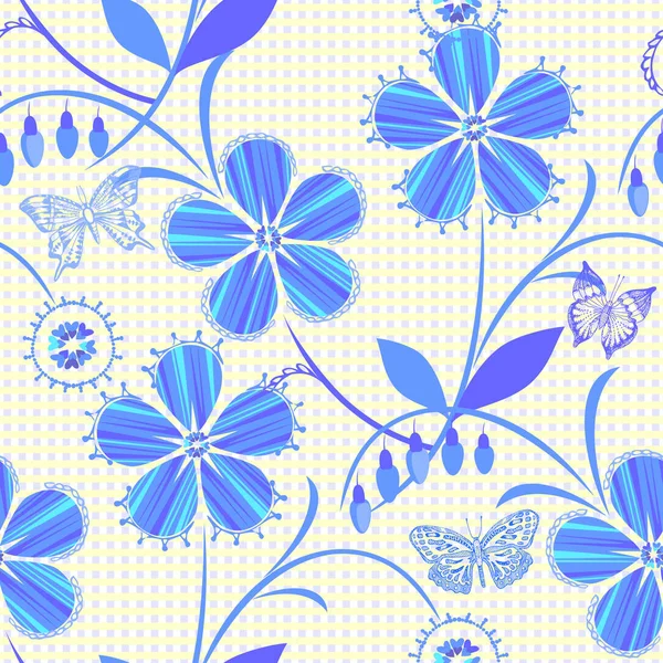 Απρόσκοπτη Διάνυσμα Μοτίβο Πανέμορφα Μπλε Λουλούδια Και Πεταλούδες — Διανυσματικό Αρχείο