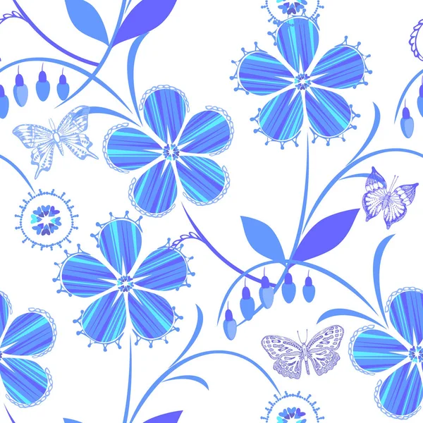 Nahtloses Vektormuster Mit Schönen Blauen Blumen Und Schmetterlingen — Stockvektor