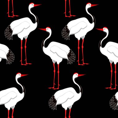 siyah arka plan üzerine Vinç kuşlar ile sorunsuz vektör desen