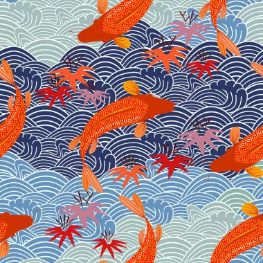 mavi dalgalar üzerinde Japonca sazan balık ile sorunsuz vektör desen