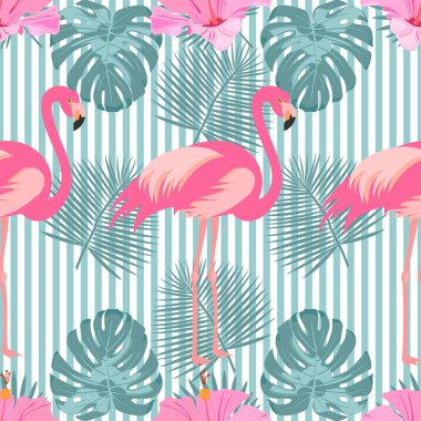 flamingolar ve yaprakları ile sorunsuz vektör arka plan