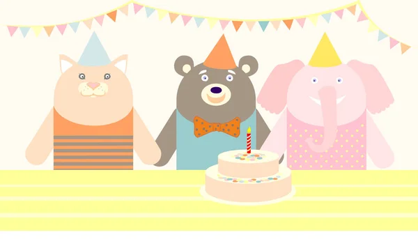 Cumpleaños Fiesta Vector Ilustración Con Animales Lindos Pastel — Vector de stock