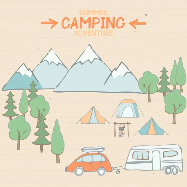 Cartel Aventura Camping Verano Con Montañas Remolque — Vector de stock