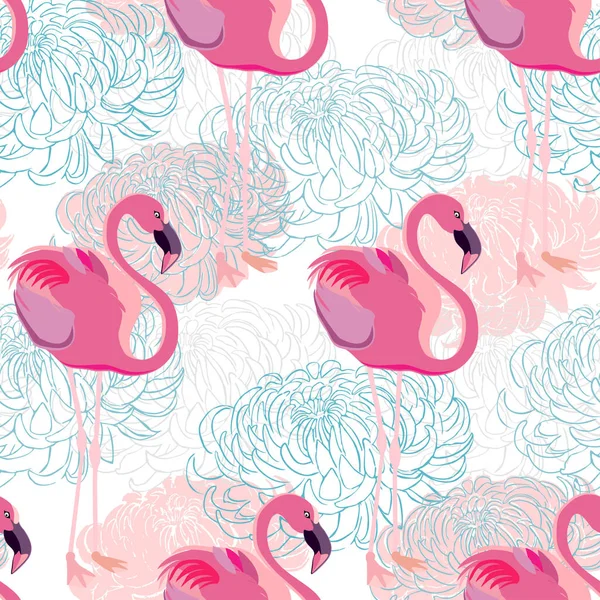Бесшовный Векторный Узор Розовыми Птицами Фламинго Цветами — стоковый вектор