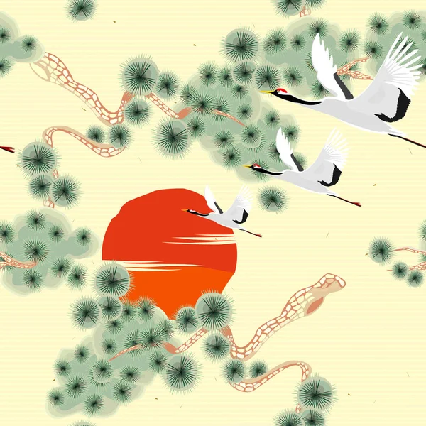 鶴鳥と自然の背景とのシームレスなベクトル パターン — ストックベクタ