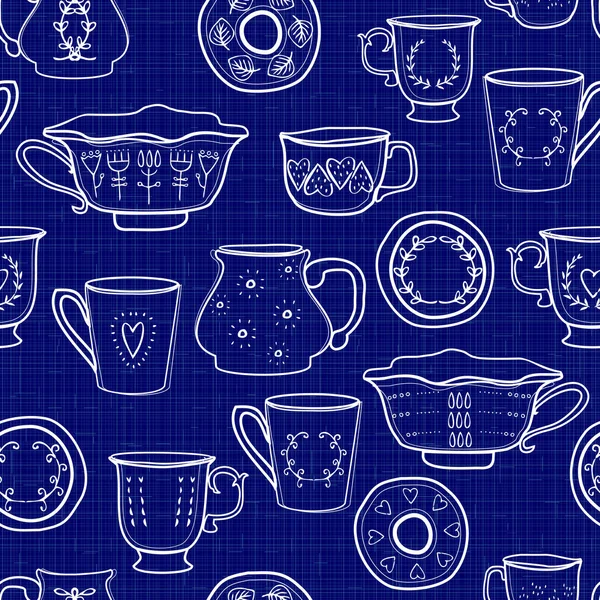 Бесшовный Векторный Рисунок Чашами Чашками Тарелками — стоковый вектор