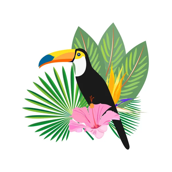 Vector Moderno Ilustración Pájaro Tucán Con Hojas Tropicales Sobre Fondo — Vector de stock