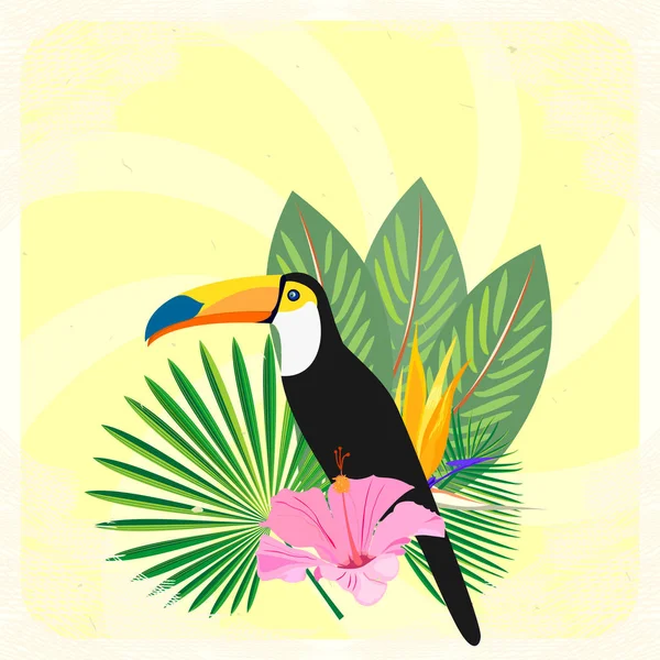 Плакат Туканом Тропическими Цветами Листьями Желтом Фоне — стоковый вектор