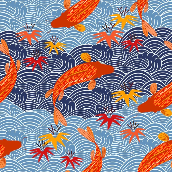 Motif Vectoriel Sans Couture Avec Poisson Carpe Japonaise Sur Les — Image vectorielle