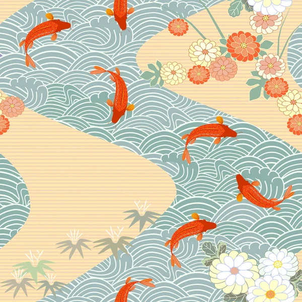 Motif Vectoriel Sans Couture Avec Poisson Carpe Japonaise Sur Les — Image vectorielle