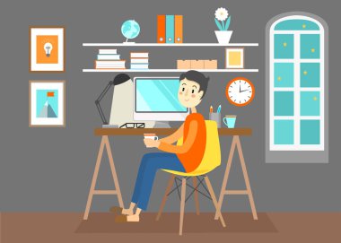 freelancer resepsiyon tarafından oturan işyerinde modern vektör çizim