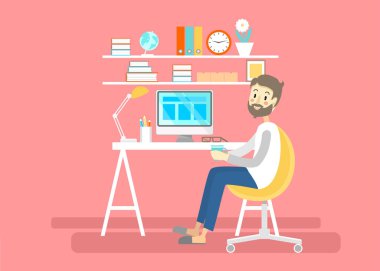 freelancer resepsiyon tarafından oturan işyerinde modern vektör çizim
