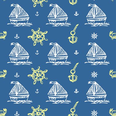 mavi renk ve deniz Tema sorunsuz vektör desen doodles