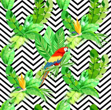 tropikal yeşil yaprakları ve papağan ile sorunsuz vektör desen