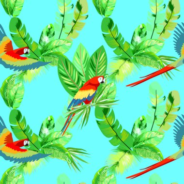 sorunsuz vektör desen ile tropikal yeşil yaprakları ve papağan