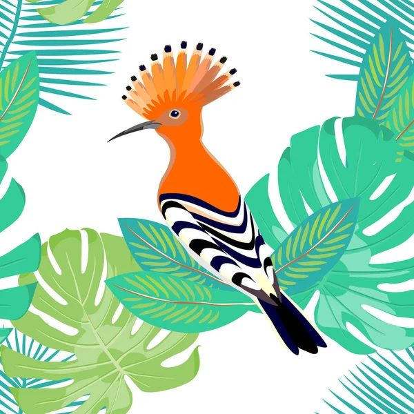 Hoopoe Pájaro Con Hojas Tropicales Verdes Patrón Vectores Sin Costuras — Vector de stock