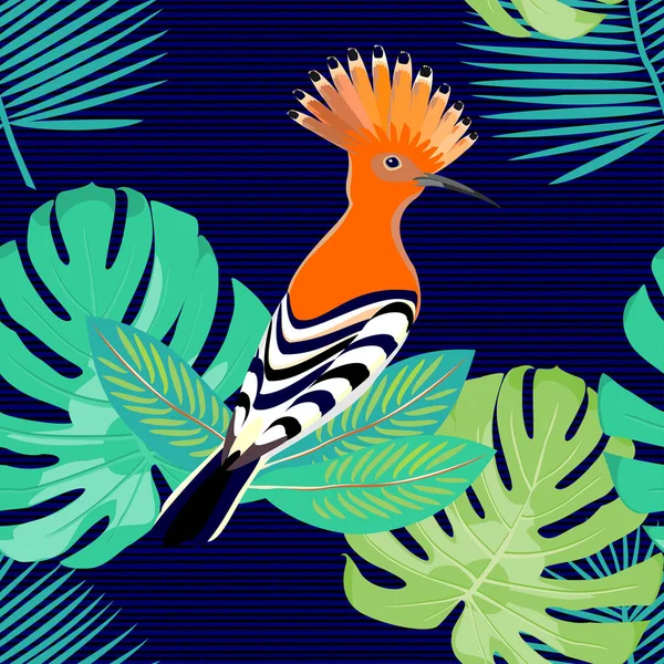 Hoopoe bird with green tropical leaves, seamless vector pattern