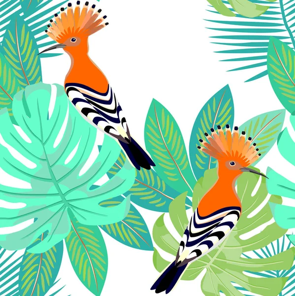 Hoopoe birds and green tropical leaves seamless vector pattern