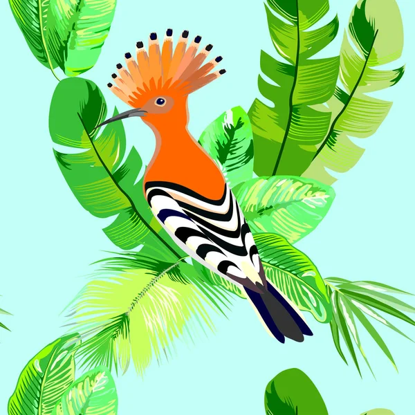 Hoopoe Pájaro Con Hojas Tropicales Verdes Patrón Vectores Sin Costuras — Vector de stock