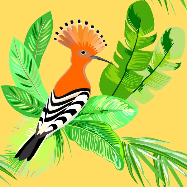 Hoopoe Pájaro Con Hojas Tropicales Verdes Patrón Vectores Sin Costuras — Vector de stock