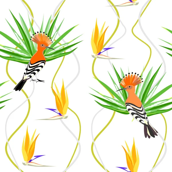 Patrón Vector Sin Costuras Con Las Aves Abubilla Flores Tropicales — Vector de stock