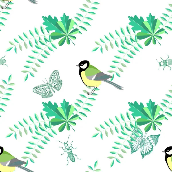 Nahtloses Vektormuster Mit Meisenvögeln Und Grünen Blättern — Stockvektor