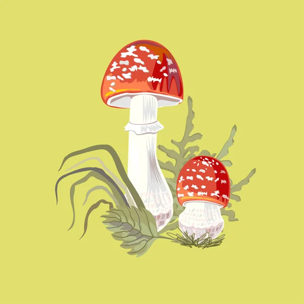 Moderne Vektorillustration Mit Fliegenagarics Auf Grünem Hintergrund — Stockvektor