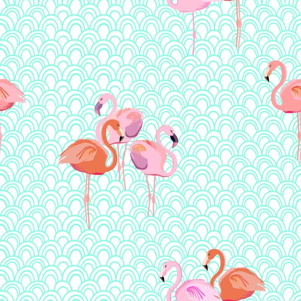 Vector Seamless Pattern Flamingo Birds Blue Background — Stock Vector