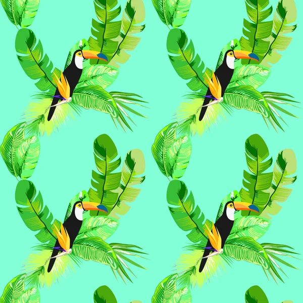 Seamless Vector Pattern Tropical Green Leaves Toucans — Stock Vector