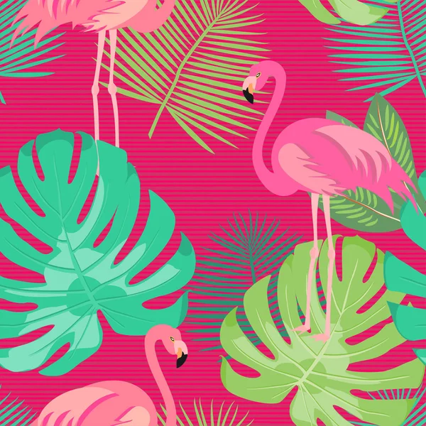 Seamless Vector Pattern Pink Flamingos Green Leaves — Stock Vector