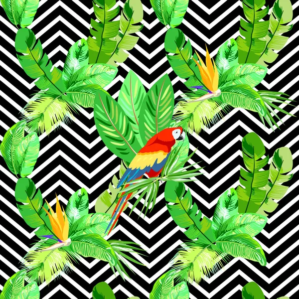Seamless Vector Pattern Tropical Green Leaves Parrot — Stock Vector