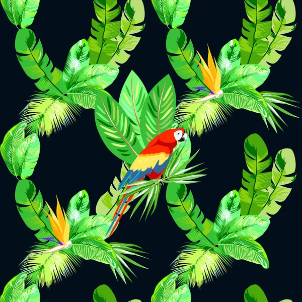 Patrón Vector Sin Costuras Con Loros Sobre Fondo Tropical — Vector de stock