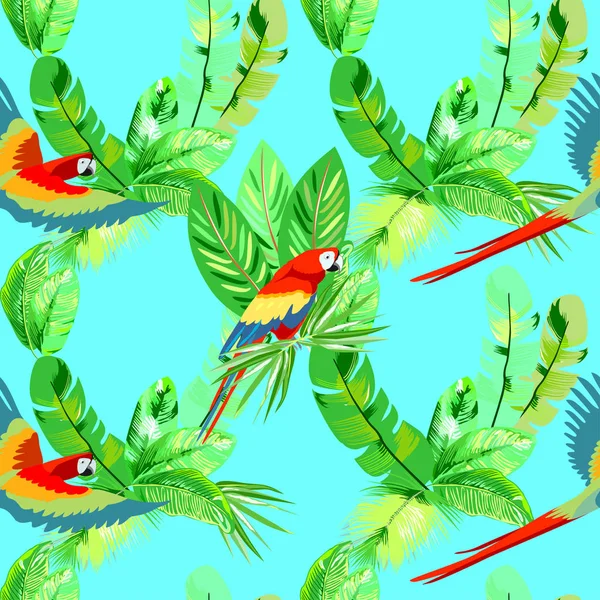 sorunsuz vektör desen ile tropikal yeşil yaprakları ve papağan