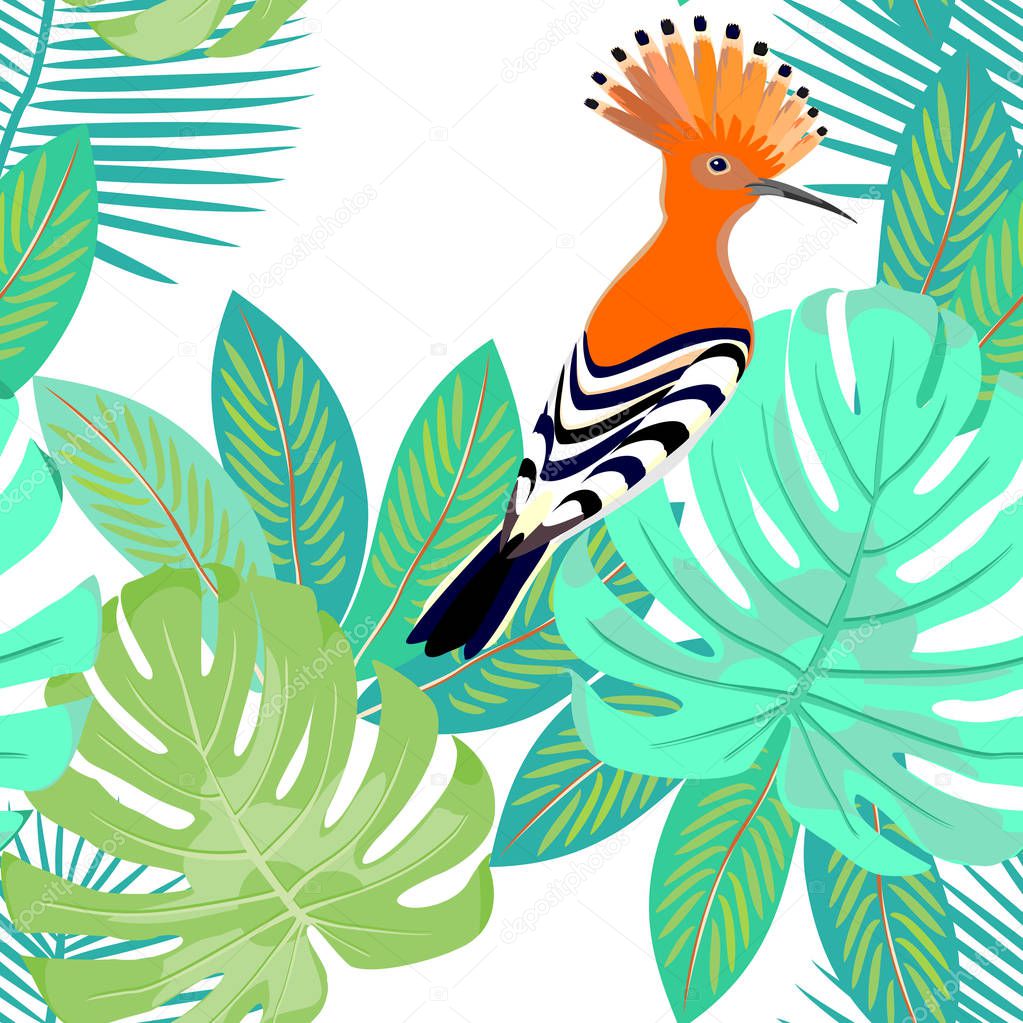 Hoopoe bird with green tropical leaves, seamless vector pattern