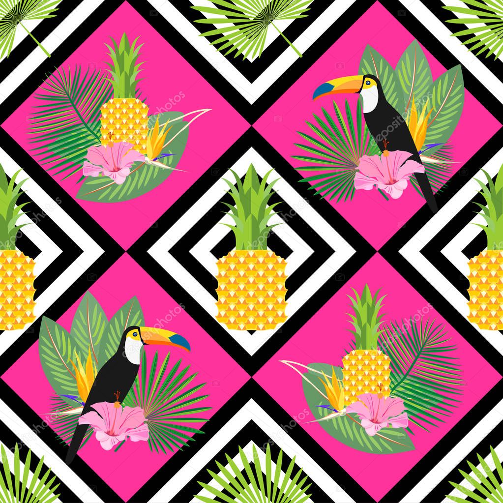 seamless vector pattern with pineapples, toucans and tropical leaves