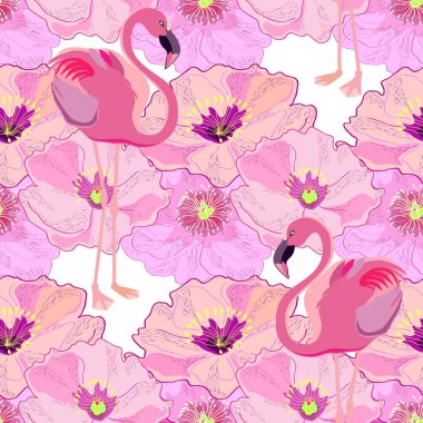 Flamingolar sorunsuz arka plan ile pembe çiçekler