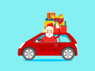santa hediyeler ile kırmızı araba sürme üstte, vektör çizim