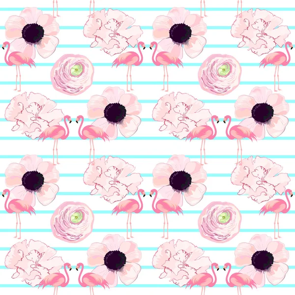 Nahtloses Vektormuster Mit Rosa Flamingos Und Blumen Auf Gestreiftem Hintergrund — Stockvektor