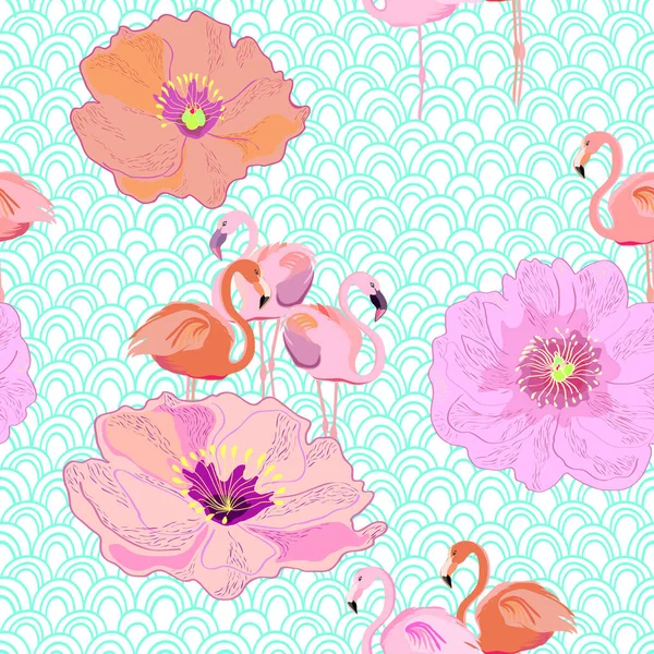 Naadloze Vector Achtergrond Met Flamingo Bloemen — Stockvector