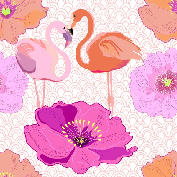 Nahtloser Vektorhintergrund Mit Flamingos Und Blumen — Stockvektor