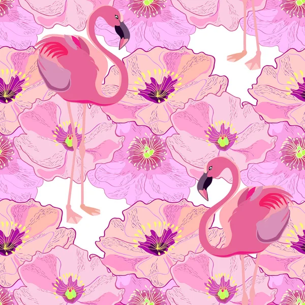 Roze Bloemen Met Flamingo Naadloze Achtergrond — Stockvector