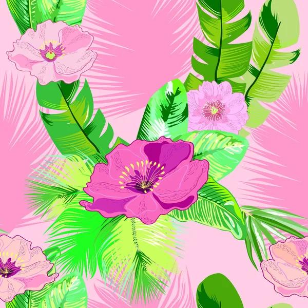 Pink Tropical Flowers Leaves Vector Background — Stock Vector