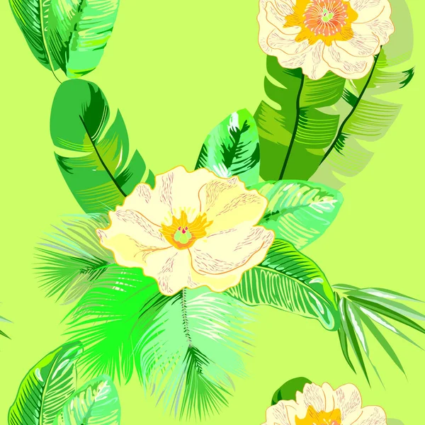 Tropical Flowers Leaves Seamless Vector Background — Stock Vector