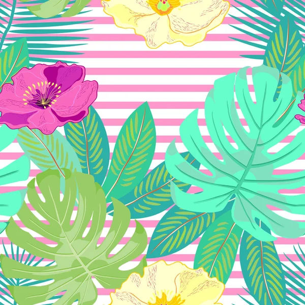 Pink Tropical Flowers Leaves Vector Background — Stock Vector