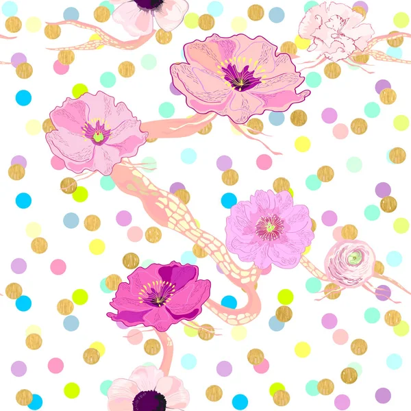 与粉红色的热带花卉无缝的向量背景 — 图库矢量图片