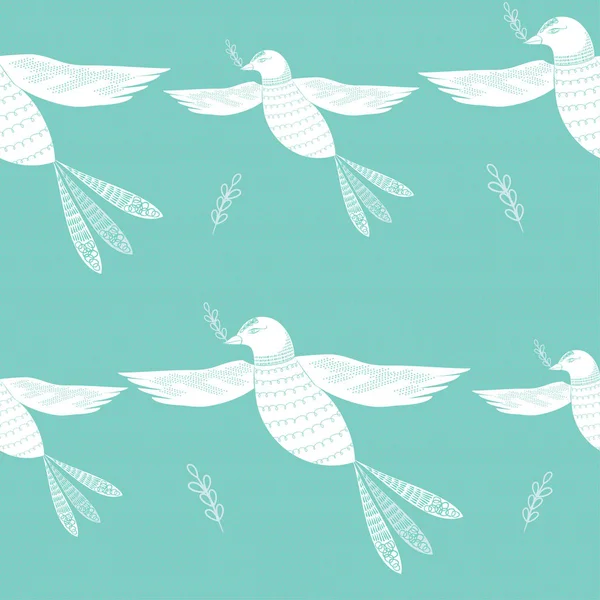 Nahtloses Muster Mit Weißen Dekorativen Vögeln Auf Türkisfarbenem Hintergrund — Stockvektor