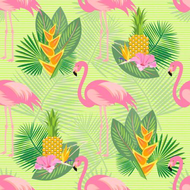 Flamingolar, tropikal yaprak ve ananas ile Seamless modeli