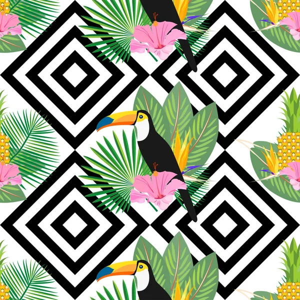 Vector Seamless Pattern Toucan Birds Pineapples — Stock Vector