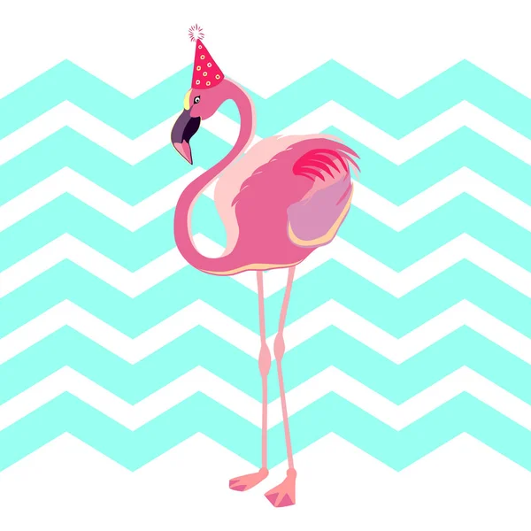 Vektorillustration Rosa Flamingo Fågel Med Födelsedag Hatt — Stock vektor