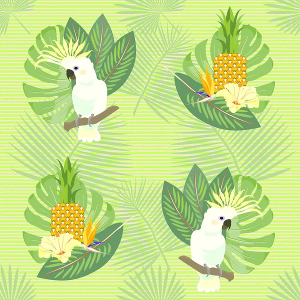 Tropical Seamless Pattern Parrots Leaves Flowers Pineapples — Stock Vector